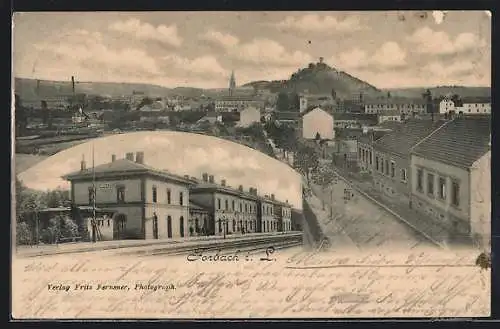 AK Forbach i. L., Bahnhof von der Gleisseite, Strassenpartie aus der Vogelschau