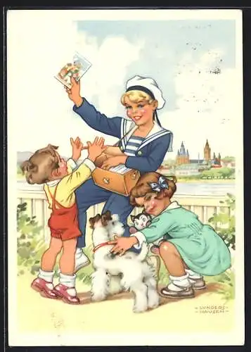 Künstler-AK Ilse Wende-Lungershausen: Matrose verteilt an Kinder Ansichtskarten