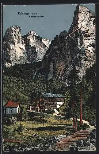 Künstler-AK Eugen Felle: Hinterbärenbad, Ortsansicht mit Kirche und Blick auf Kaisergebirge