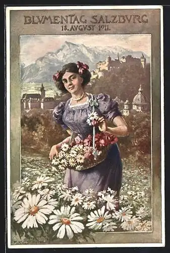 Künstler-AK Franz Kulstrunk: Salzburg, Blumentag 1911, Frau in Blumenwiese