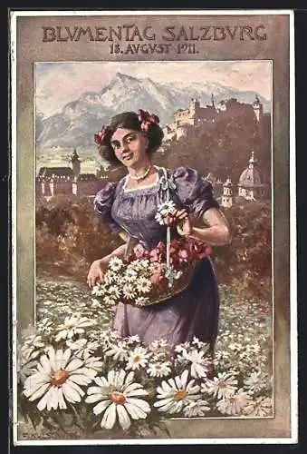 Künstler-AK Franz Kulstrunk: Salzburg, Blumentag 1911, Frau in Blumenwiese