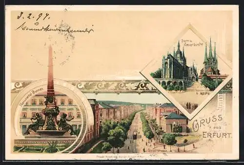 Lithographie Erfurt, Monumentalbrunnen, Steigerstrasse mit Strassenbahn, Dom & Severikirche