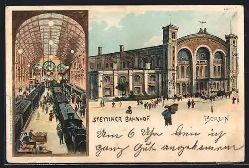 Lithographie Berlin, Stettiner Bahnhof, Innenansicht mit Zügen, Invalidenstrasse