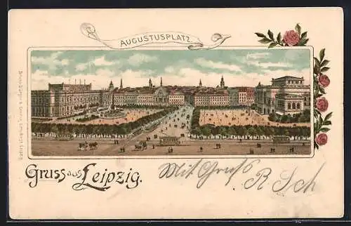 Lithographie Leipzig, Augustusplatz mit Strassenbahn aus der Vogelschau