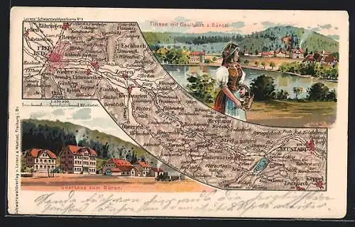 Lithographie Titisee, Gasthaus zum Bären, Landkarte