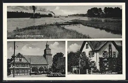 AK Auenheim / Baden, Gasthaus zum grünen Baum, Kirche und Rathaus