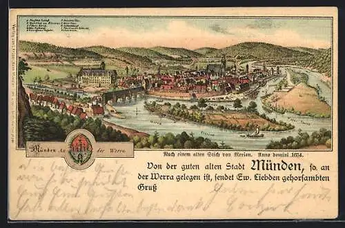 Lithographie Münden / Werra, Panorama nach Merian anno 1654