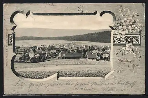 Passepartout-AK Wolfshagen /Harz, Ortsansicht mit Fernblick aus der Vogelschau