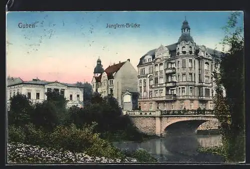 AK Guben, Jungfern-Brücke mit Villen