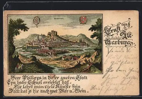 Lithographie Marburg, Ortsansicht aus alter Zeit