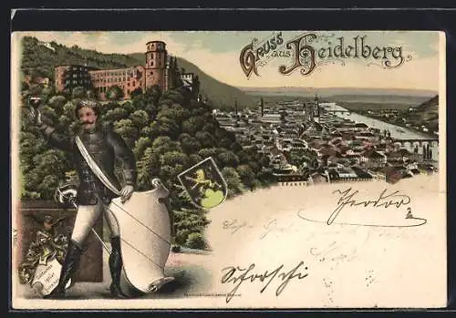 Lithographie Heidelberg / Neckar, Ortsansicht, Student mit Weinglas