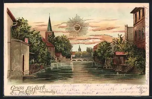 Lithographie Erfurt, Partie im Venedig mit Kirchturm