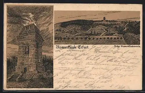 Lithographie Erfurt, Bismarcksäule, Säule aus der Vogelschau