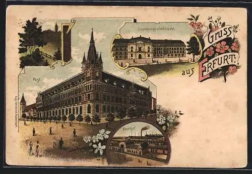 Lithographie Erfurt, Regierungs-Gebäude, Post, Bahnhof
