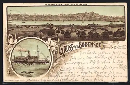 Vorläufer-Lithographie Friedrichshafen, 1895, Panorama vom Bodensee, Dampfer Kaiser Franz Josef I.