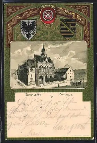Passepartout-Lithographie Erfurt, Ansicht vom Rathaus, Stadtwappen