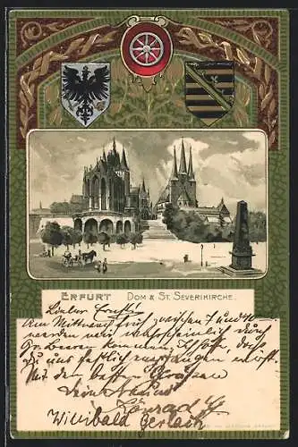 Passepartout-Lithographie Erfurt, Blick auf Dom & Severikirche, Wappen