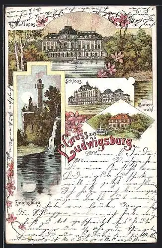 Lithographie Ludwigsburg / Württ., Monrepos, Marienwall, Schloss, Emichsburg bei Nacht