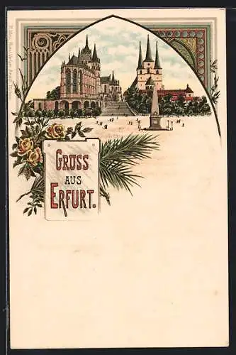 Lithographie Erfurt, Ortspartie mit Denkmal