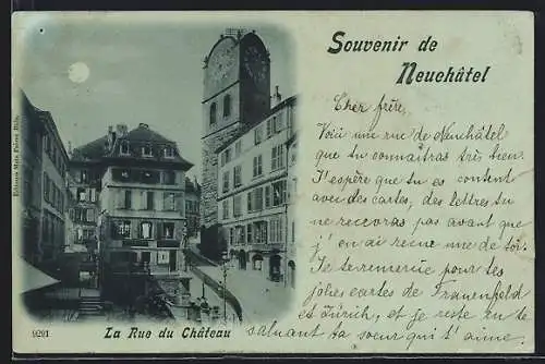 Mondschein-AK Neuchâtel, La Rue du Château