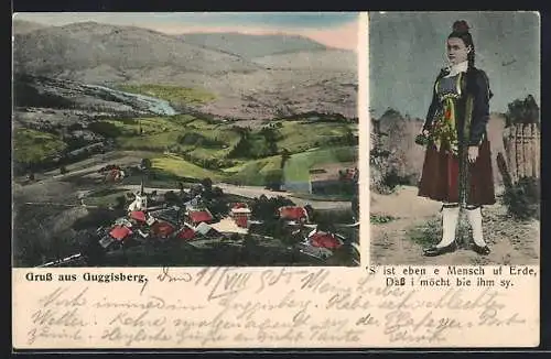 AK Guggisberg, Ortsansicht aus der Vogelschau, Frau in Tracht