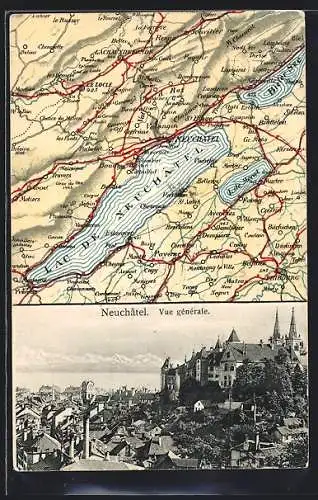 AK Neuchâtel, Vue générale, Landkarte mit Seen