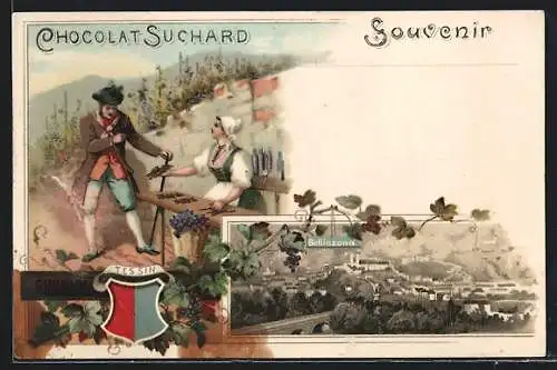 Lithographie Bellinzona, Ortsansicht, Frau verkauft Schokolade von Suchard