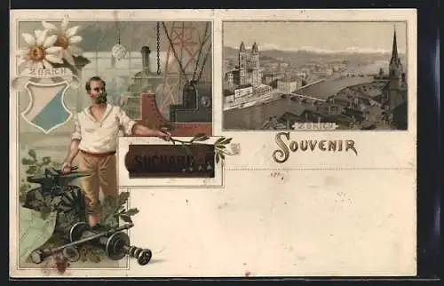Lithographie Zürich, Ansicht von oben, Reklame für Cacao Suchard, Wappen, Blumen, Schmied am Amboss