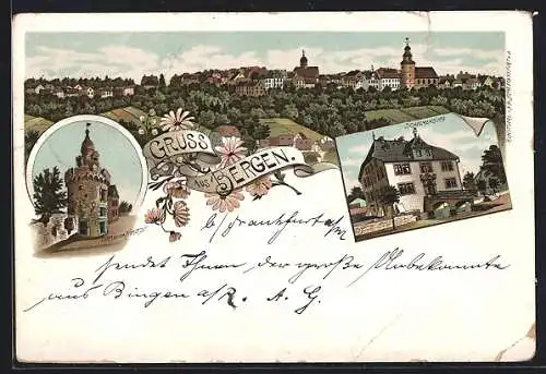 Lithographie Frankfurt-Bergen-Enkheim, Turm aus der Römerzeit, Schelmenburg, Gesamtansicht