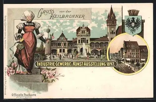 Lithographie Heilbronn, Industrie-Gewerbe und Kunst-Ausstellung 1897, Strassenpartie im Zentrum