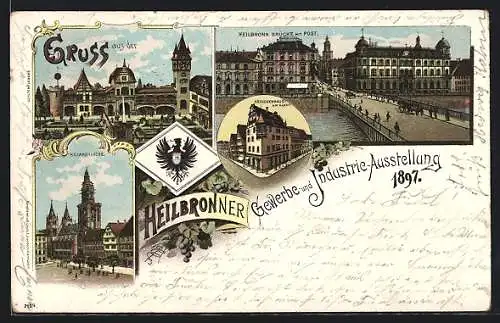 Lithographie Heilbronn, Gewerbe und Industrie-Ausstellung 1897, Kilianskirche, Ausstellungsbau, Käthchenhaus