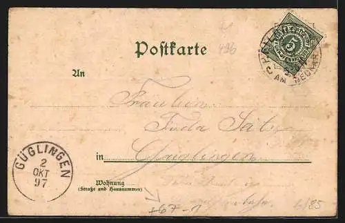 Lithographie Heilbronn, Gewerbe und Industrie-Ausstellung 1897, Kilianskirche, Ausstellungsbau, Käthchenhaus