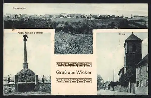 AK Wicker, Kaiser-Wilhelm-Denkmal, Kirche, Totalansicht