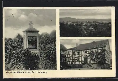 AK Mühlhausen / Waldeck, Das Gasthaus, das Kriegerdenkmal, Ortsansicht vom Berg aus