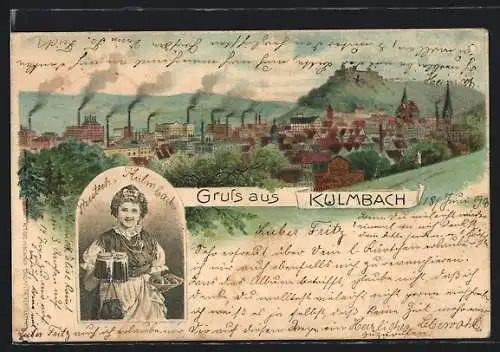 Lithographie Kulmbach, Kellnerin mit Bier und Brot, Gesamtansicht mit dem Schloss