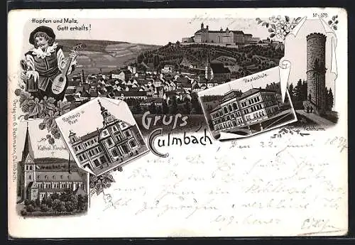 Lithographie Kulmbach, Rathaus und Post, Katholische Kirche, Realschule