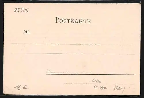 Lithographie Kulmbach, Rehturm, Realschule, Rathaus und Post