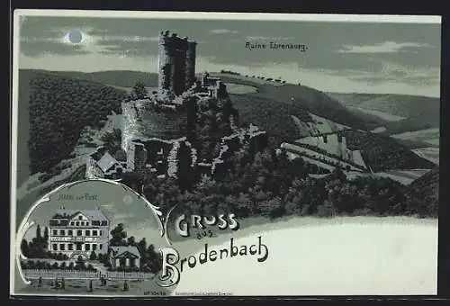 Mondschein-Lithographie Brodenbach, Hotel zur Post, Ruine Ehrenburg