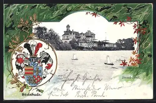 Lithographie Steinhude, Strand-Hotel und Wappen