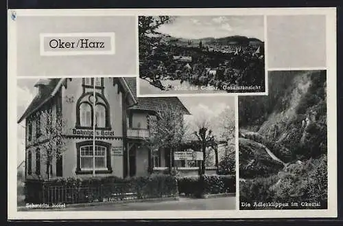 AK Oker /Harz, Schmidt`s Hotel, Blick auf Goslar, die Adlerklippen
