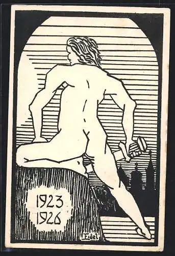 Künstler-AK Karlsruhe, Seminar 1923-26, Rückenansicht von nacktem Mann mit Schwert, Absolvia