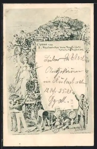 Künstler-AK Kulmbach, II. Akademisches Turn Bund-Feste 1897, Teilansicht, Frau mit Kranz, Turnvater Jahn