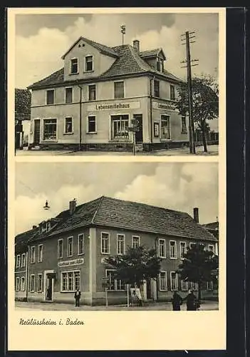 AK Neulussheim, Ortspartie mit Gasthaus Zum Adler und Lebensmittelhaus