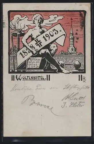 Lithographie Wolfenbüttel, Festpostkarte 1828-1903, Turnverein, Turnerin mit Hantel