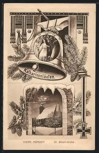 AK Hann. Münden, Katharinenläuten, St. Blasil-Kirche bei Mondschein im Winter, Glocke