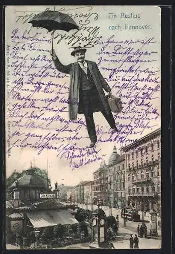 AK Hannover, Strassenpartie mit Cafe Kröpcke und fliegendem Mann