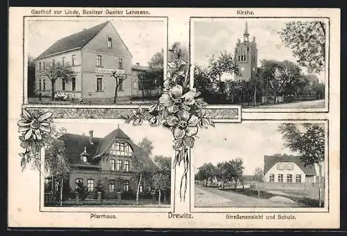AK Drewitz / Magdeburg, Gasthof zur Linde, Kirche, Pfarrhaus, Strassenansicht und Schule