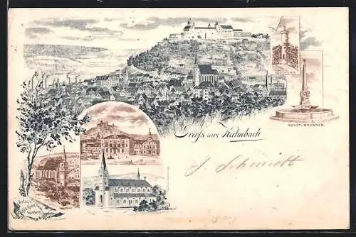 Lithographie Kulmbach, Teilansicht mit Schloss, Kunst-Brunnen, Rehturm
