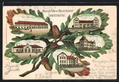 Passepartout-Lithographie Wolfenbüttel, Neues Artillerie-Kasernement, Wirtschaftsgebäude, Stabsgebäude & Familiengebäude
