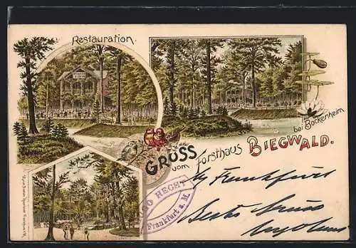 Lithographie Bockenheim, Restaurant Forsthaus Biegwald, Garten, Ortspartie